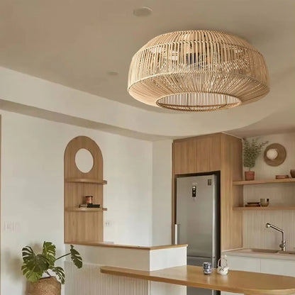 View showcasing the elegant rattan blades and motor housing design of the stylish ceiling fan with remote control