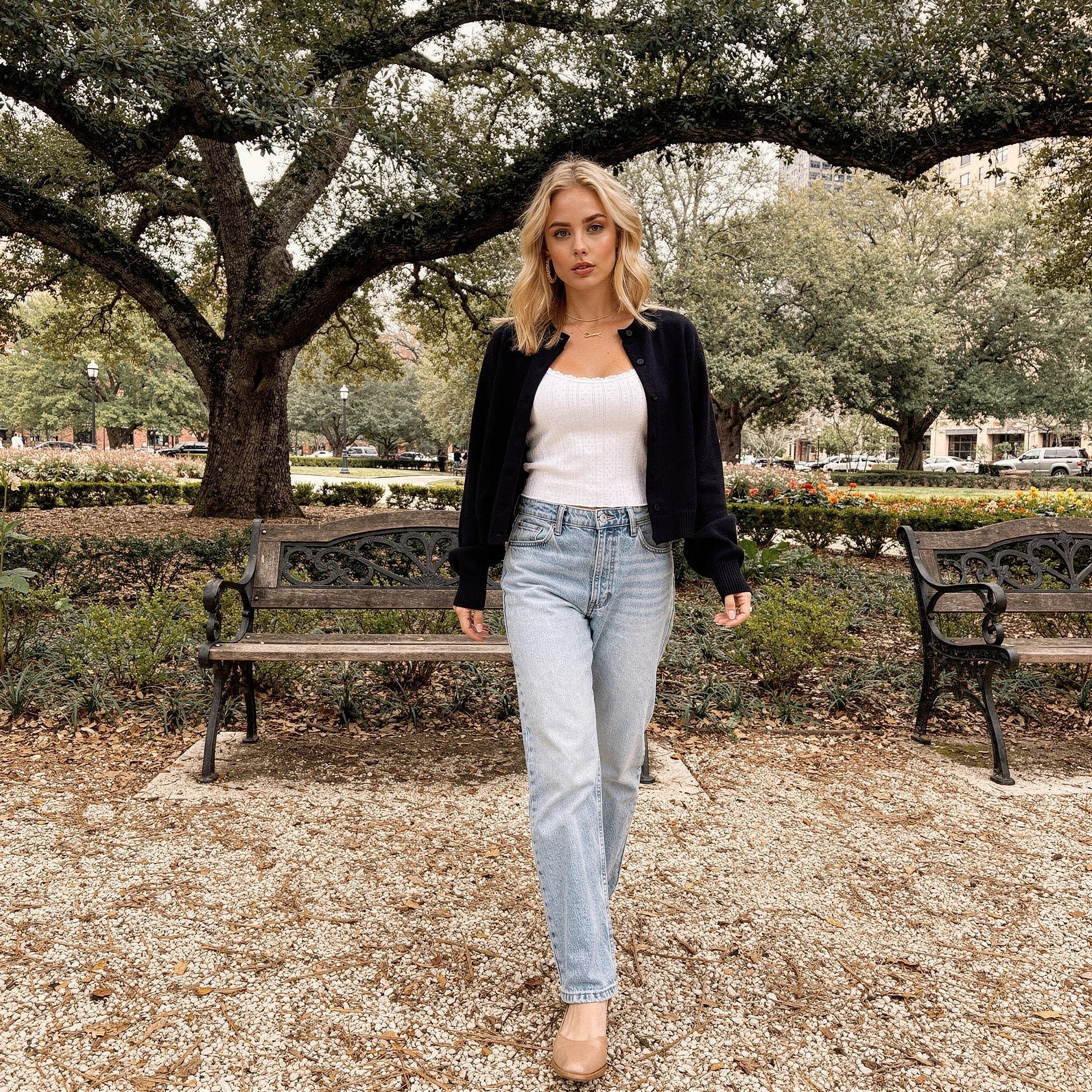 Light gray cropped cardigan made of soft knit material, featuring a button down and ribbed cuffs, view