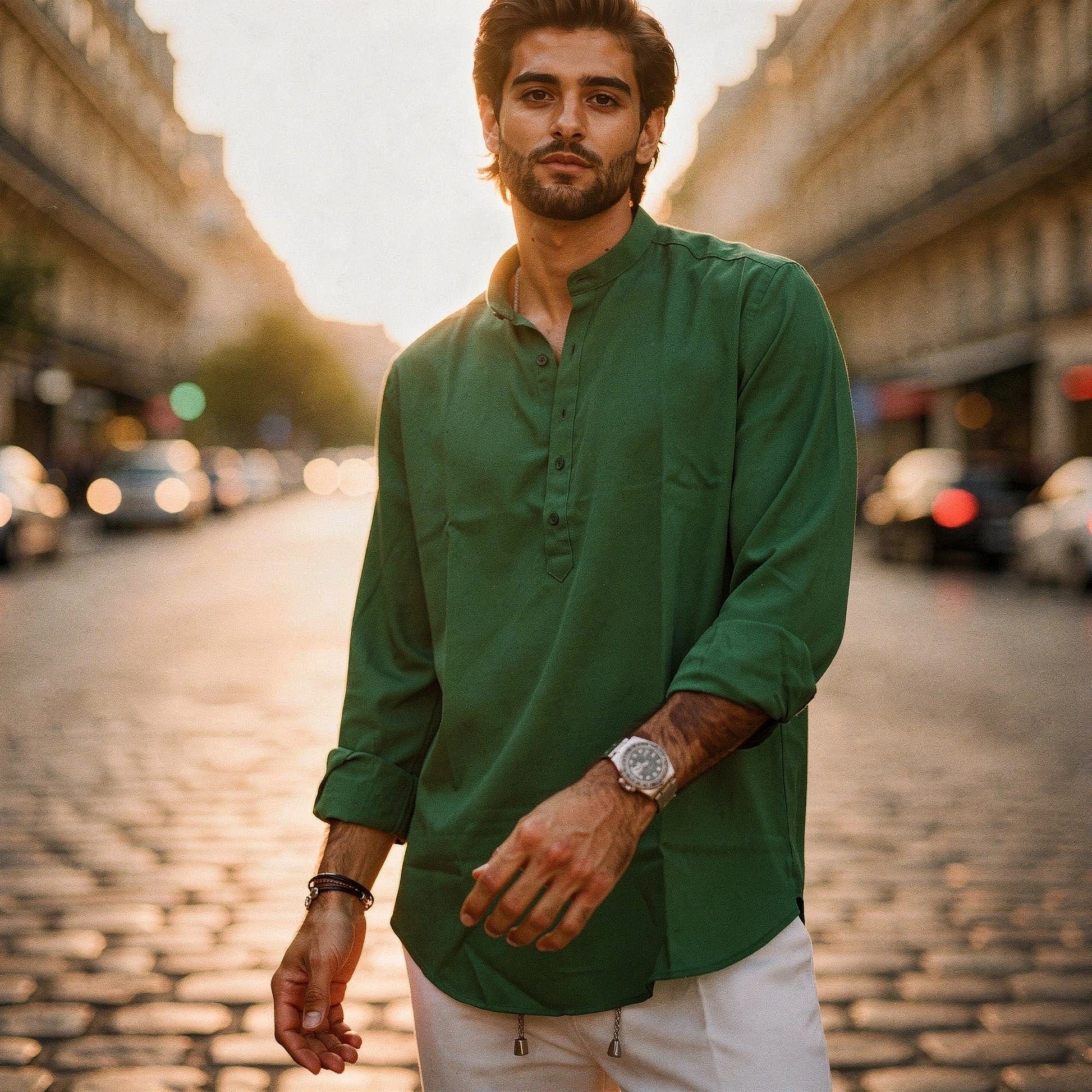 Lightweight summer henley shirt in light gray, featuring a three button placket and short sleeves, view
