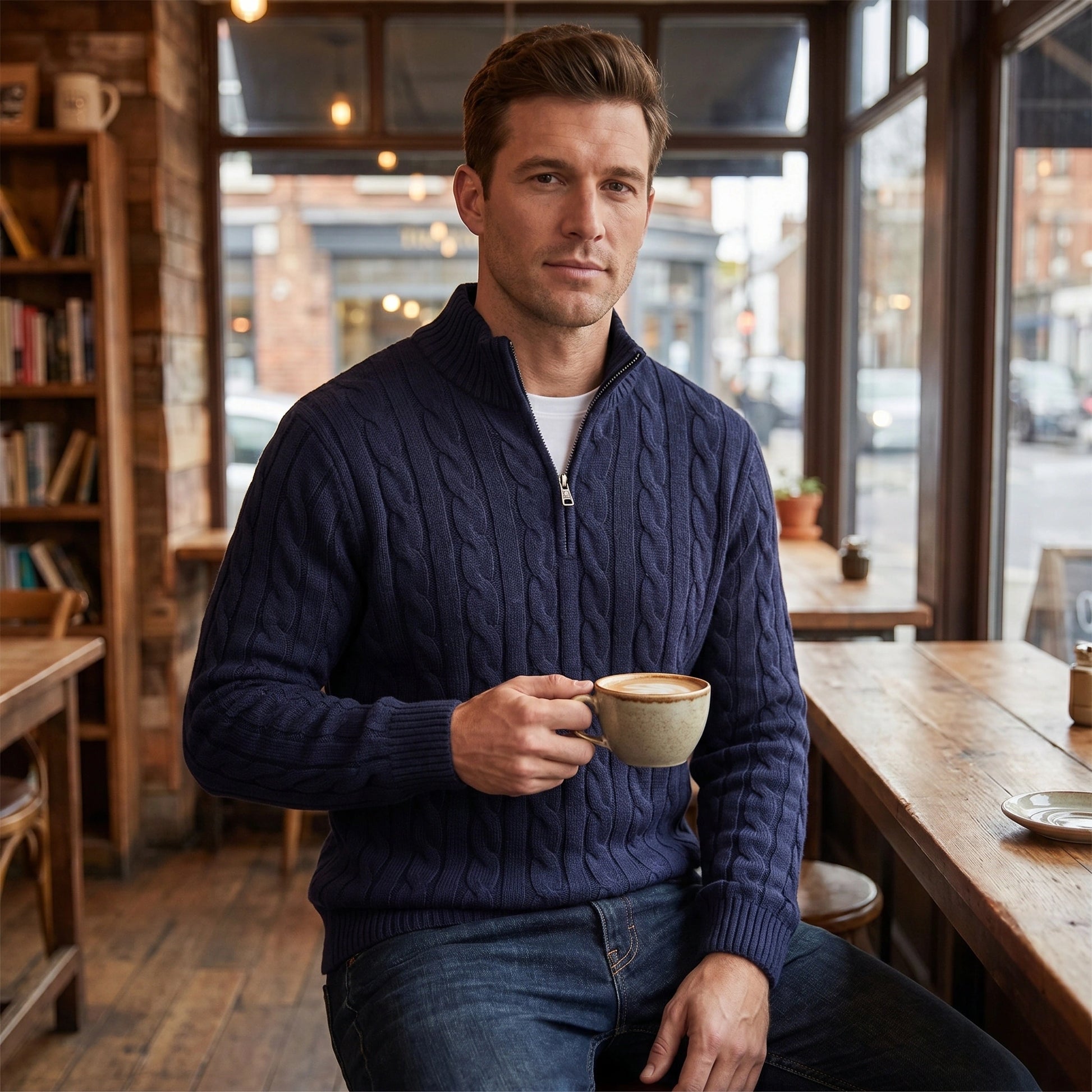 Close up of the men's modern relaxed winter sweater showing the textured cable knit pattern and meticulous stitching in a rich charcoal gray color.