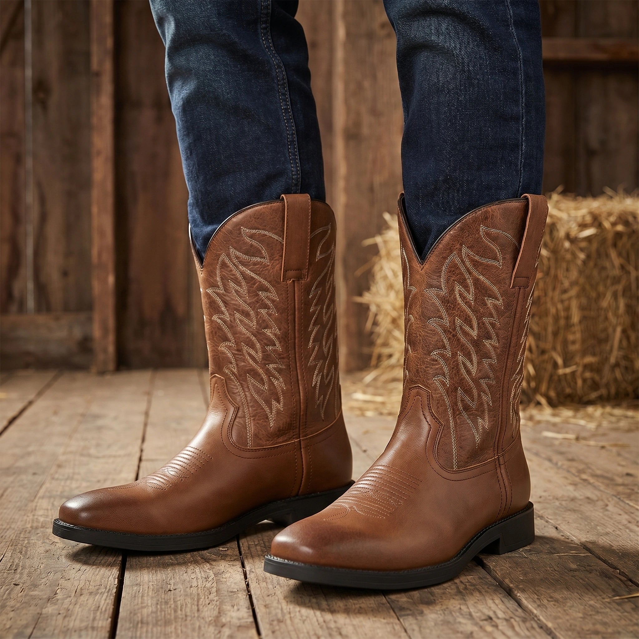 Back view of men's rugged mid calf western boots showing detailed stitching and construction, set against a neutral background for a sophisticated look.