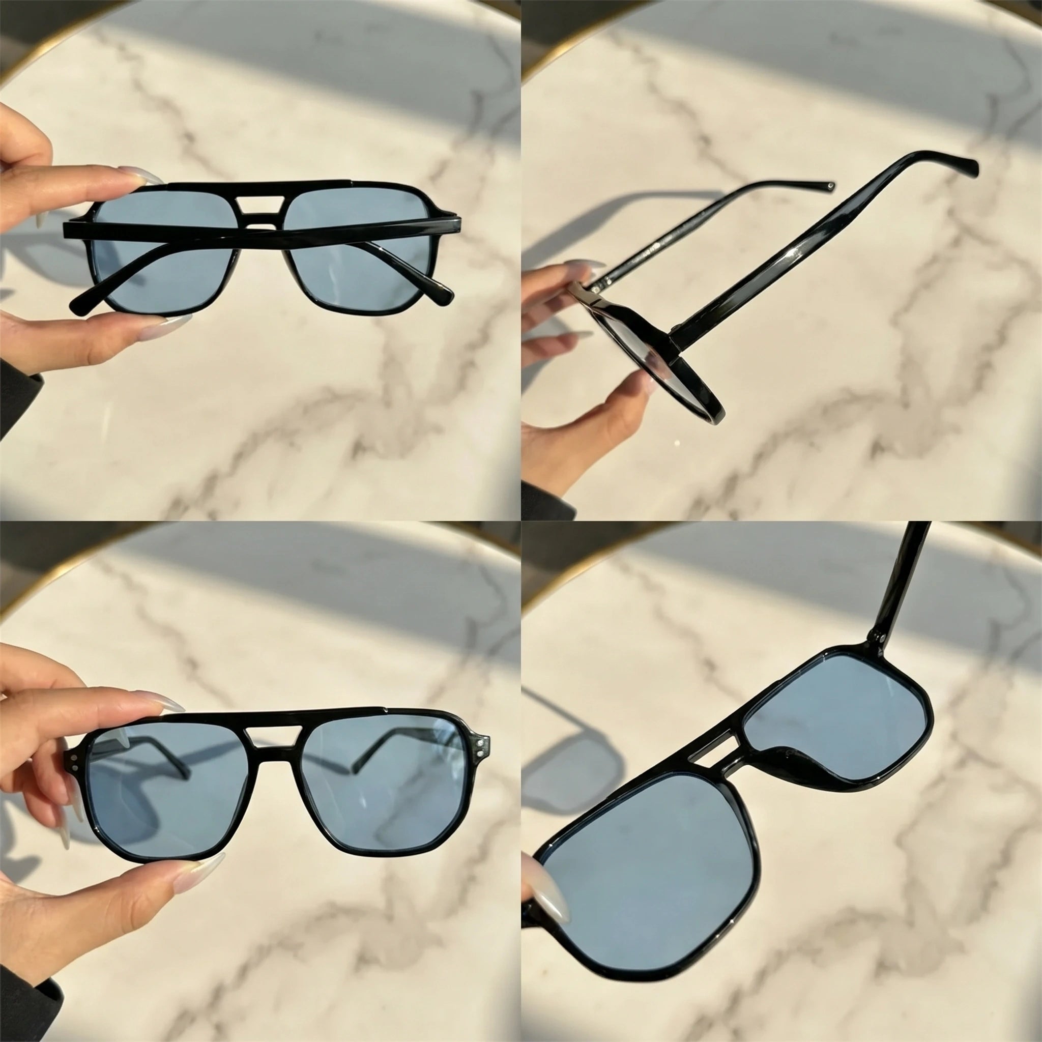 Model showing Womens Sunglasses in a summer outfit showing a light colored top and high waisted shorts against a vibrant outdoor background.
