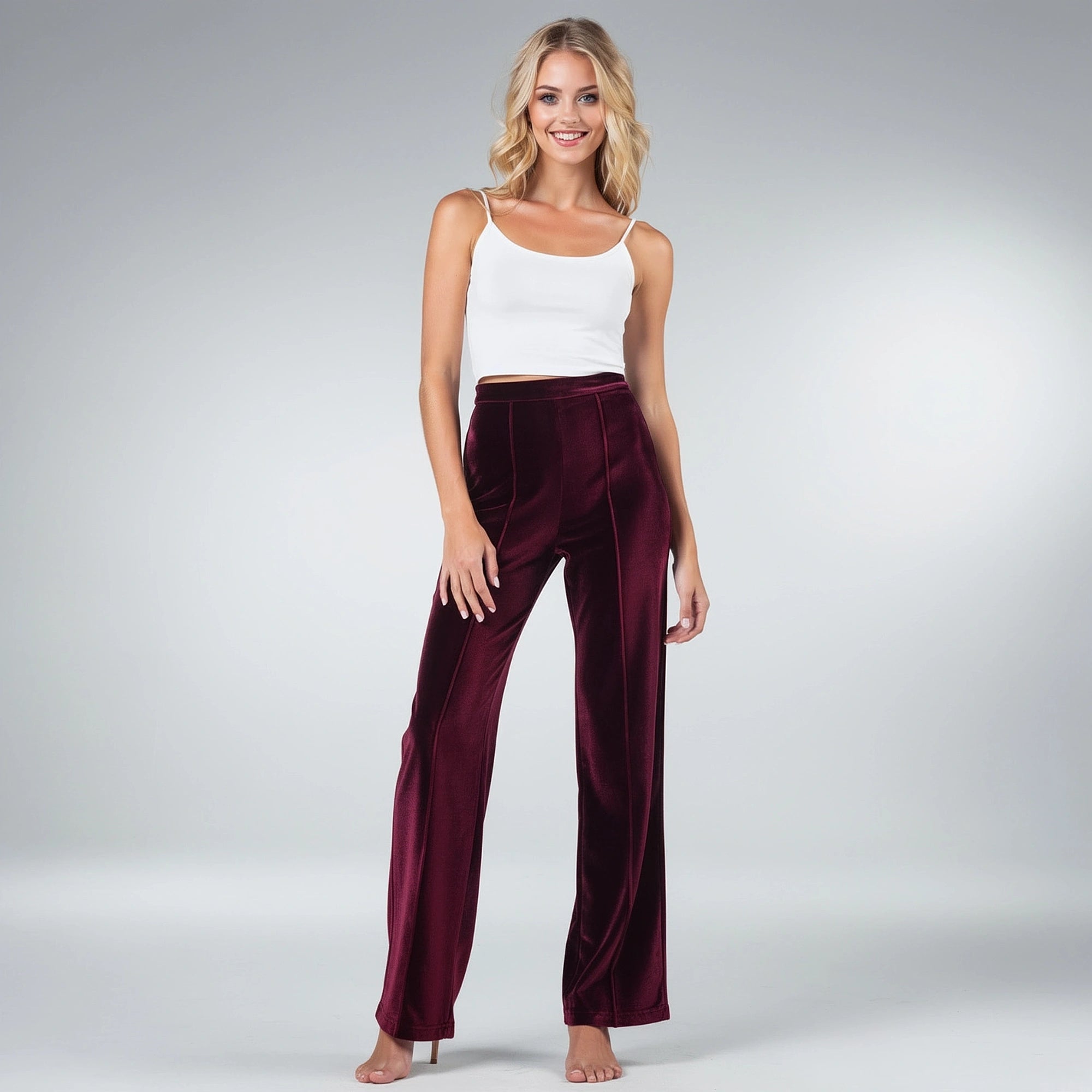 View of luxurious flared trousers in deep emerald green, featuring a smooth fabric and elegant silhouette