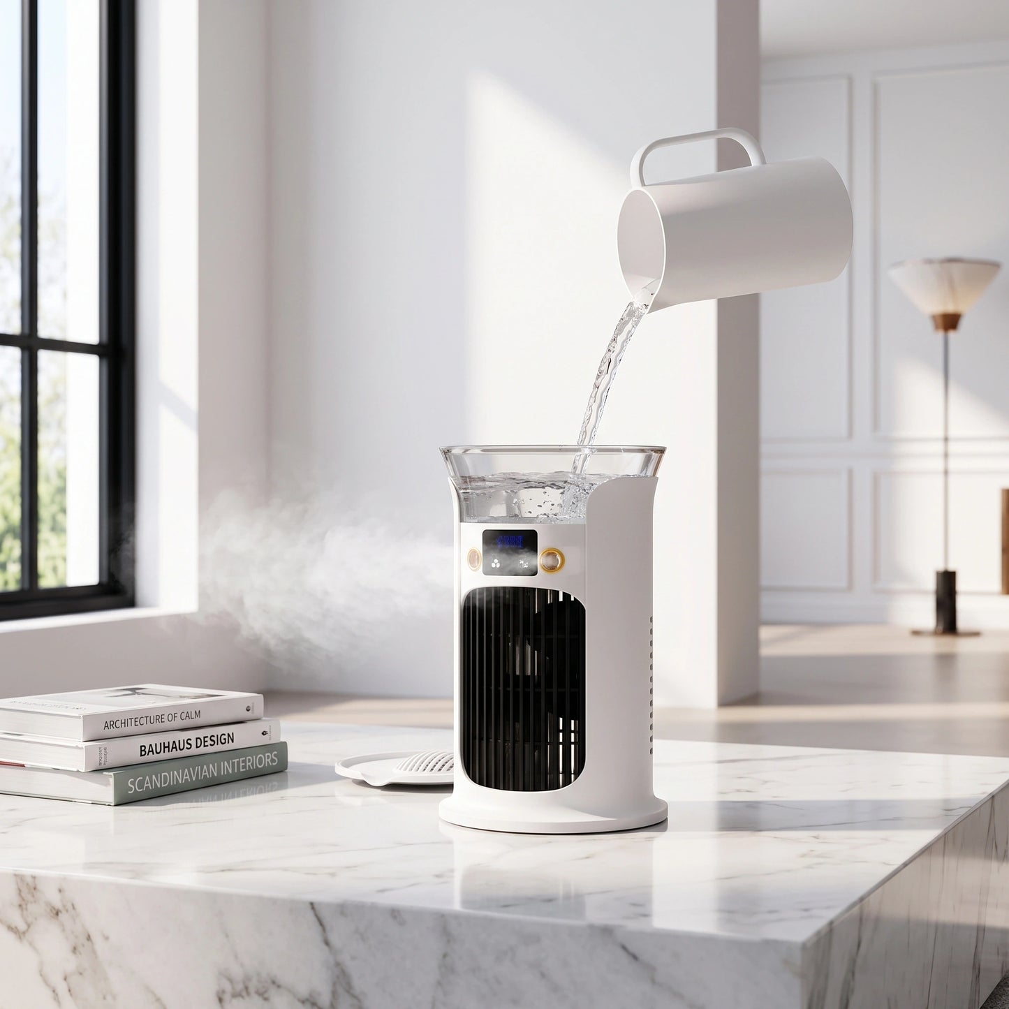 Close up view showing the sleek design and intricate stitching details of the Compact USB Powered Air Cooler Mini Desktop Fan in a modern workspace setting.