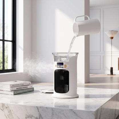Close up view showing the sleek design and intricate stitching details of the Compact USB Powered Air Cooler Mini Desktop Fan in a modern workspace setting.