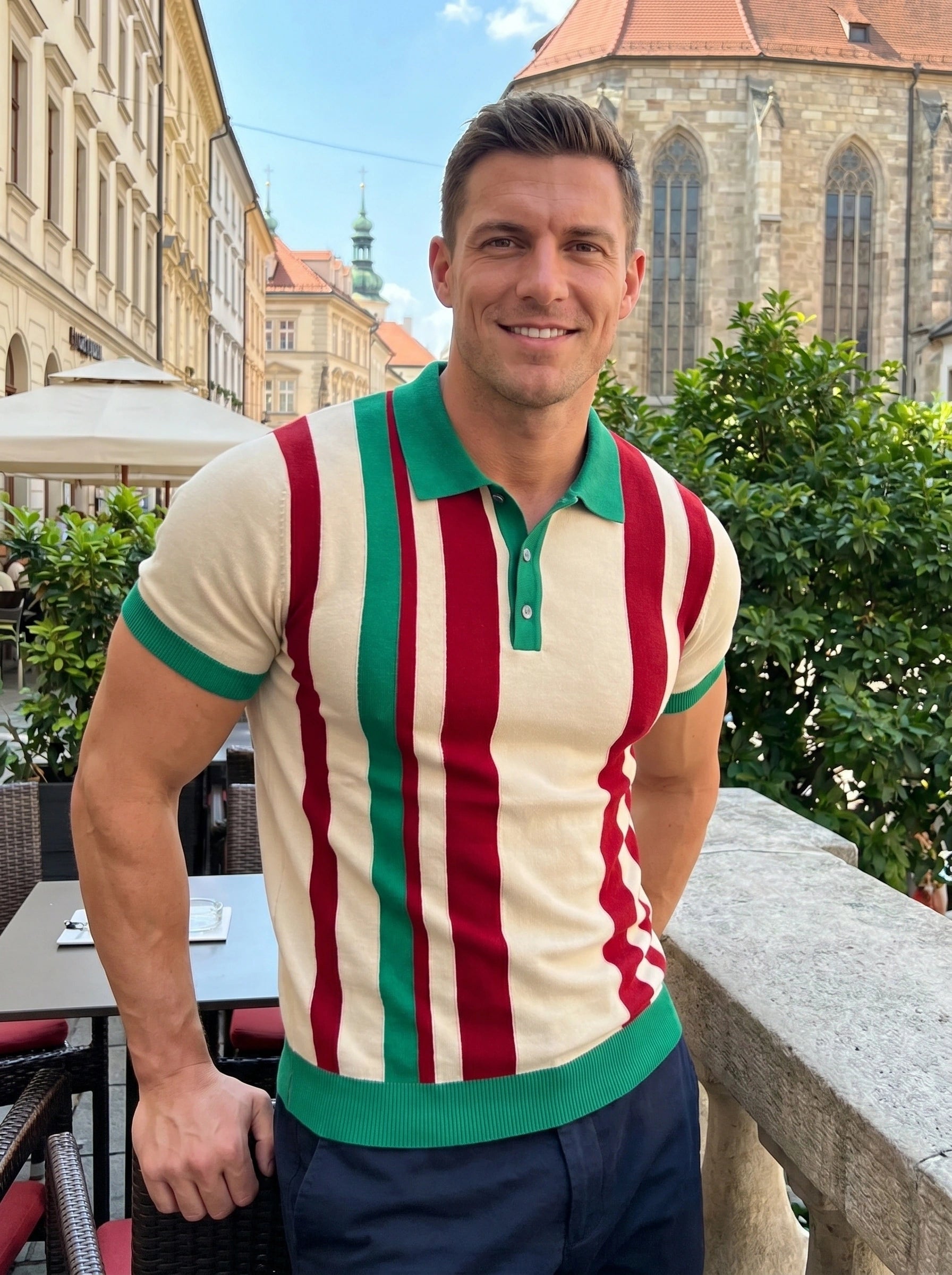 Back view of a model wearing a navy Mens Slim Knit Polo Shirt, showing its tailored fit and refined construction details against a neutral backdrop.