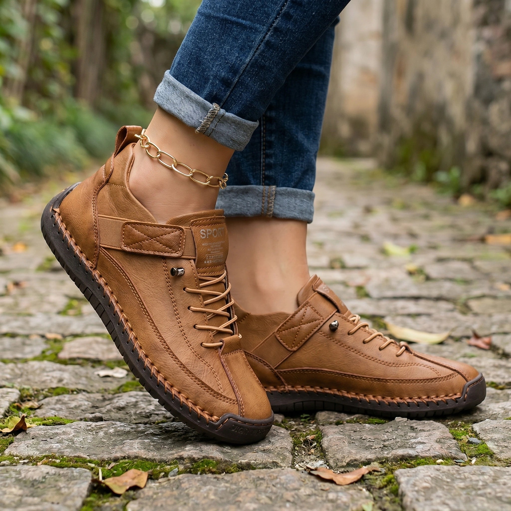 Close up view of the orthopedic sneakers showing the premium fabric, intricate stitching, and supportive design, set against a neutral background.