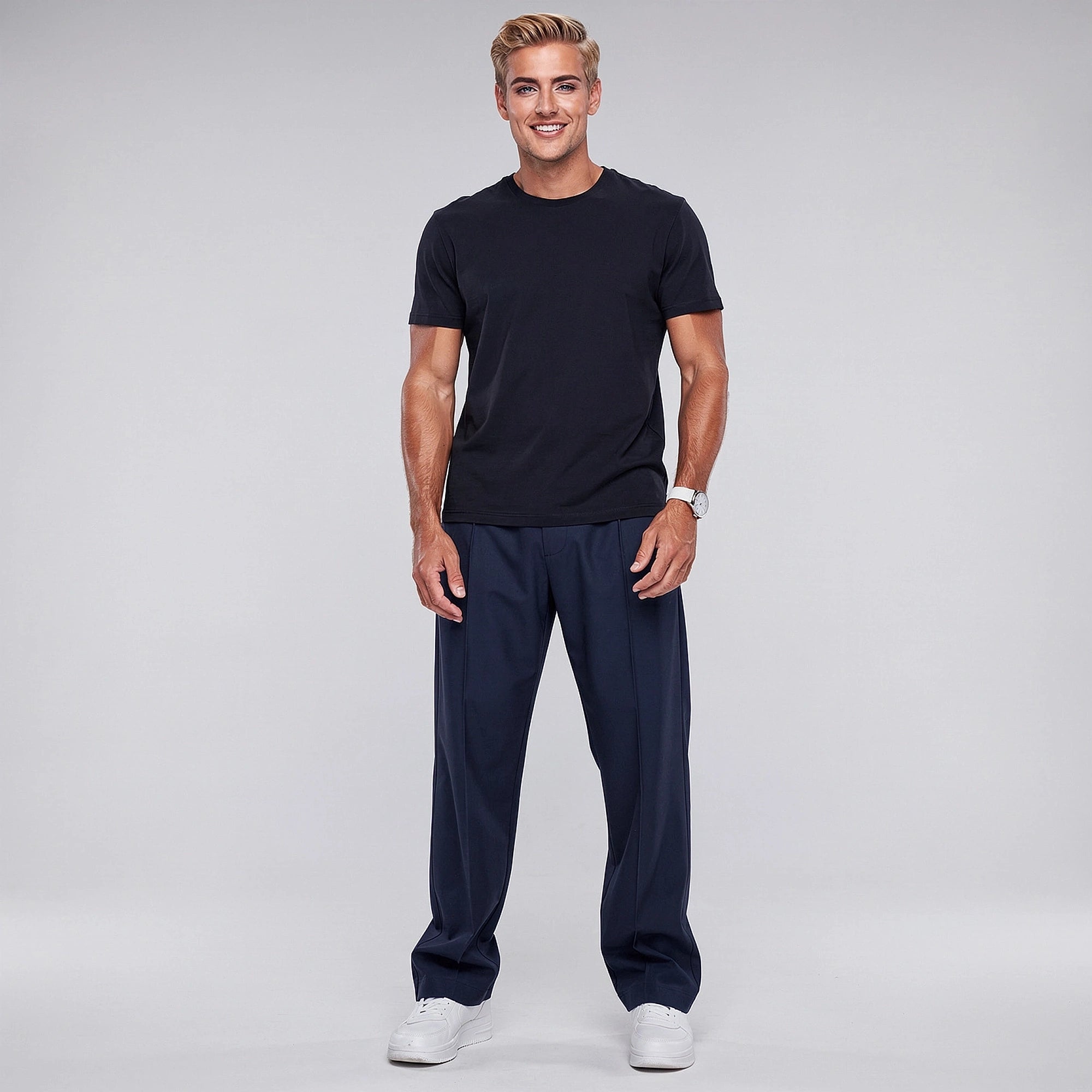 View of comfortable loose fit formal trousers in charcoal gray, made