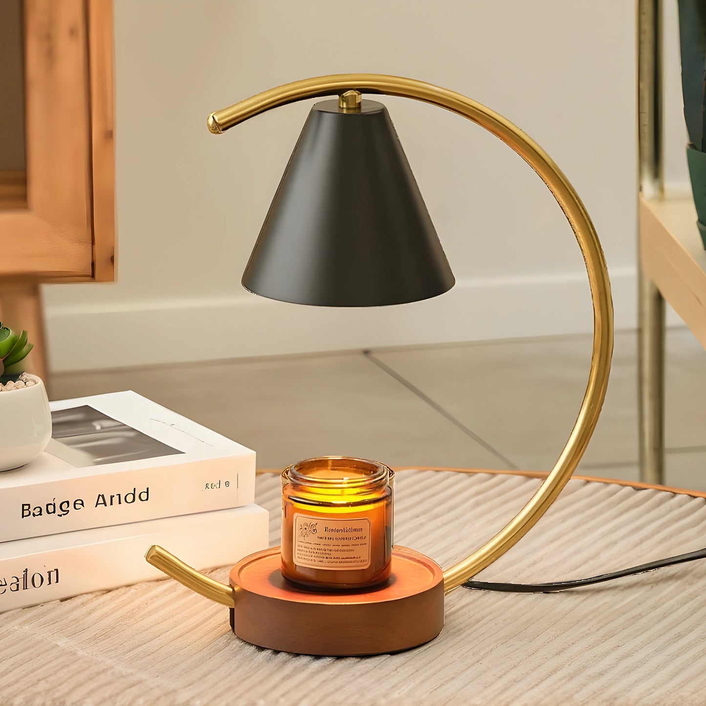 View of a sculptural dimmable candle warmer table lamp featuring a textured ceramic base in earthy tones and a soft, warm glow