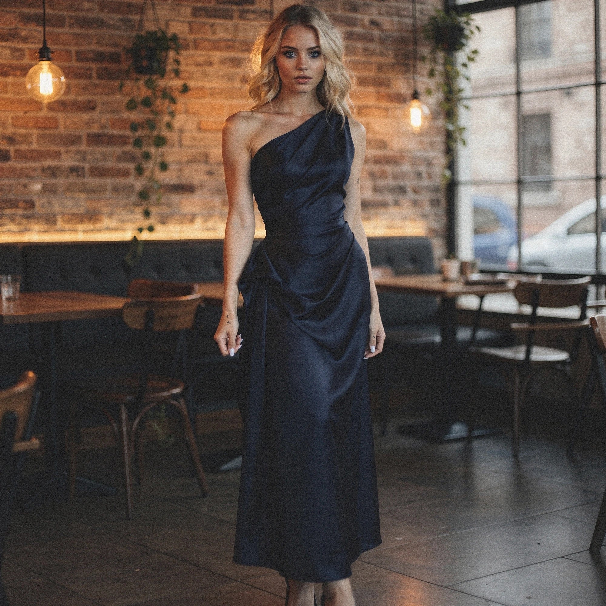 View of a sleek summer midi dress in soft lavender fabric, featuring a fitted bodice and flowing skirt