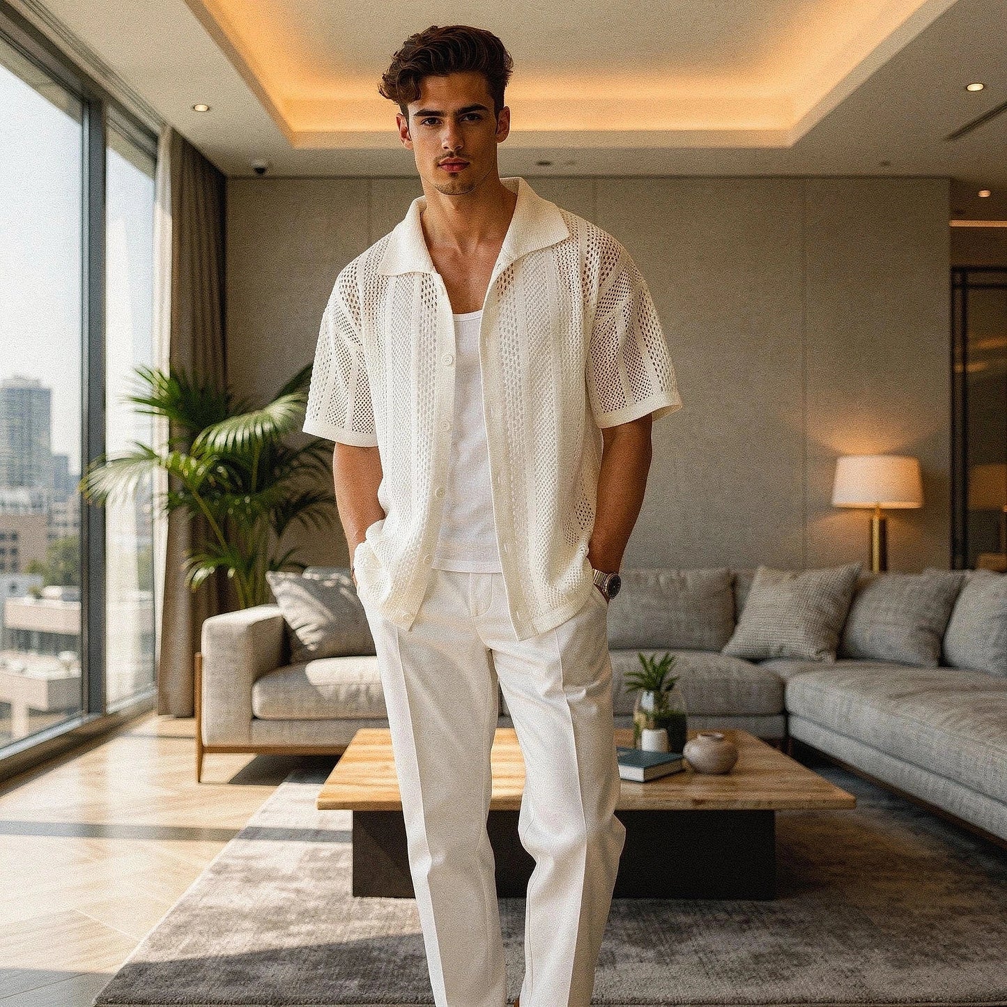 Light blue short sleeve shirt made of soft cotton, featuring a relaxed fit and subtle button down collar, view