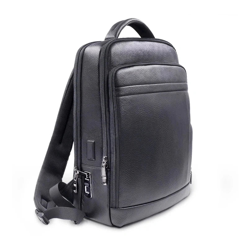 View of a sleek genuine leather backpack in black with a fingerprint lock and adjustable straps