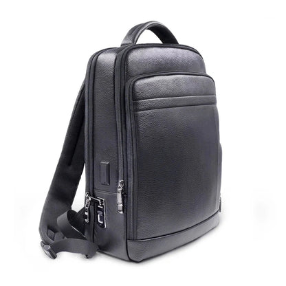 View of a sleek genuine leather backpack in black with a fingerprint lock and adjustable straps