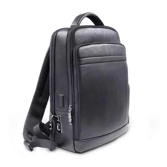 View of a sleek genuine leather backpack in black with a fingerprint lock and adjustable straps