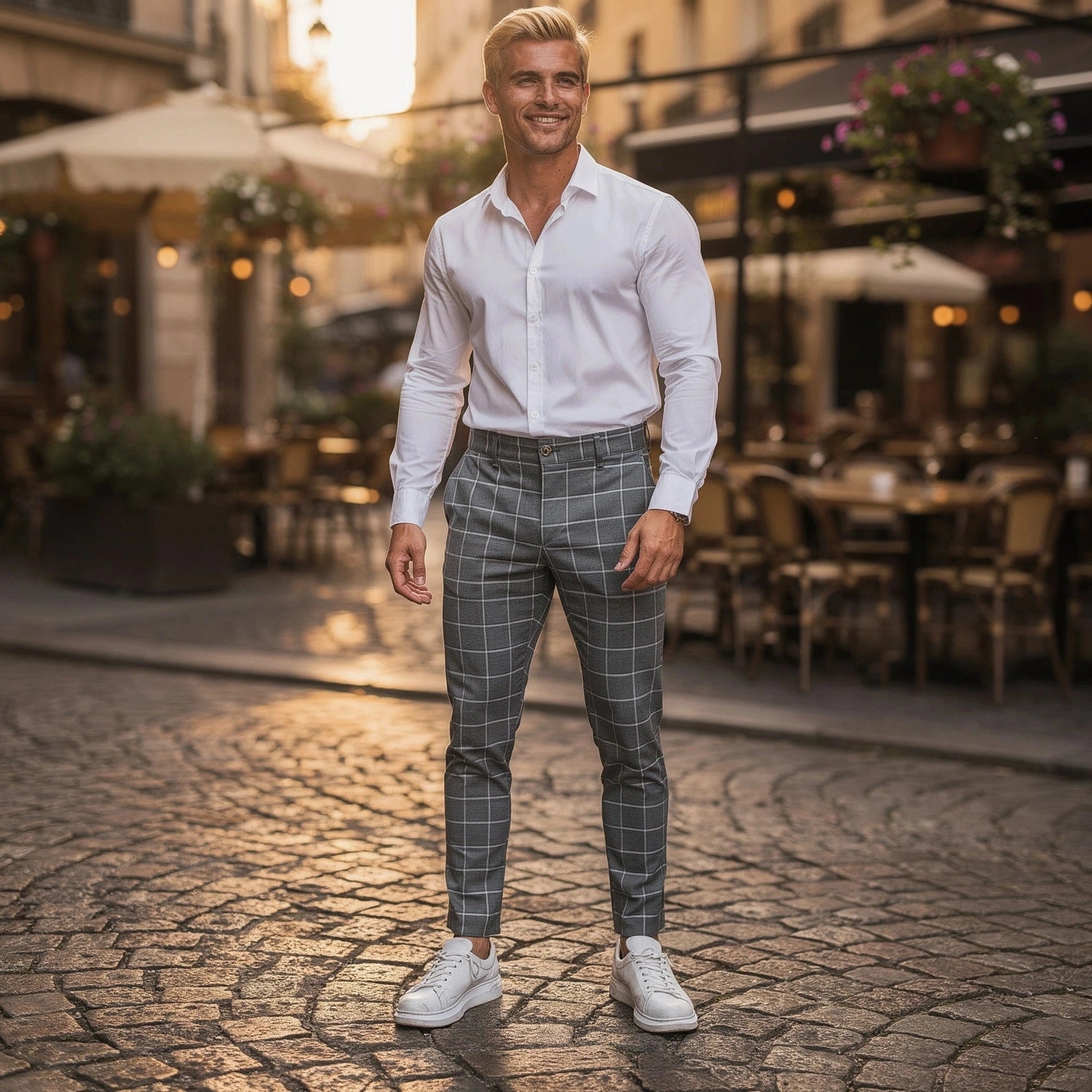 View of tailored tapered trousers in charcoal gray fabric, featuring a smooth finish and subtle crease lines