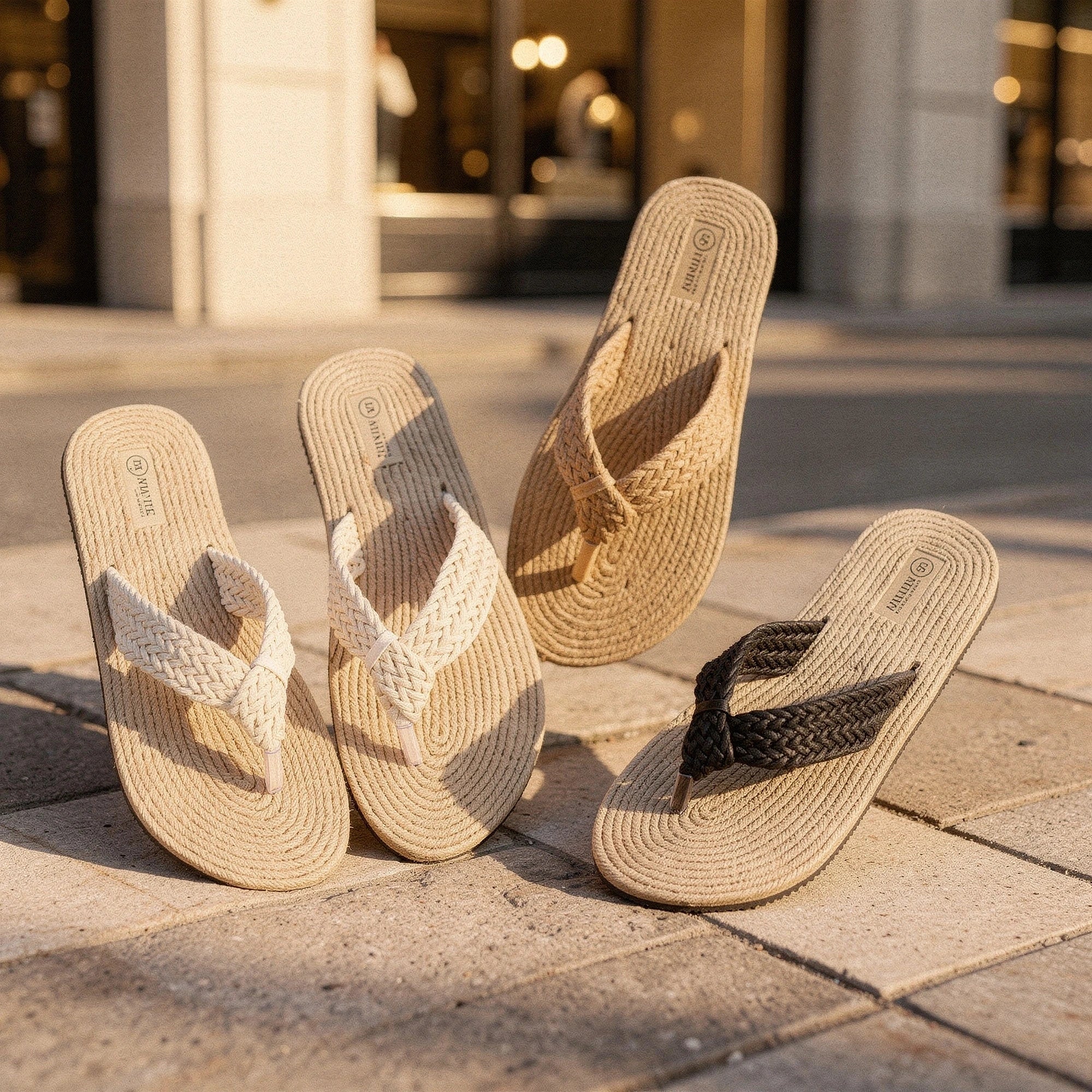 View of relaxed textured imitation hemp flip flops in natural beige, showcasing the soft material and comfortable sole