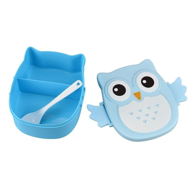 Colorful plastic lunch box for kids featuring a playful owl design, view showcasing sturdy construction and secure closure