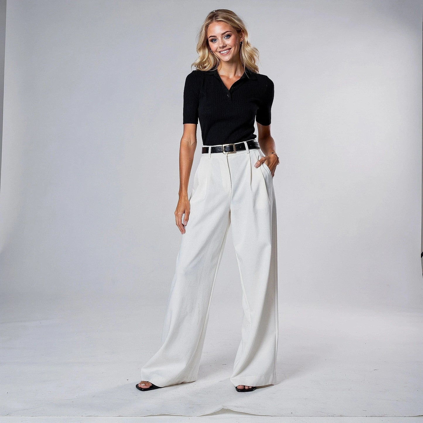 View of elegant high waisted wide leg pants in soft fabric, featuring a classic silhouette and a neutral color