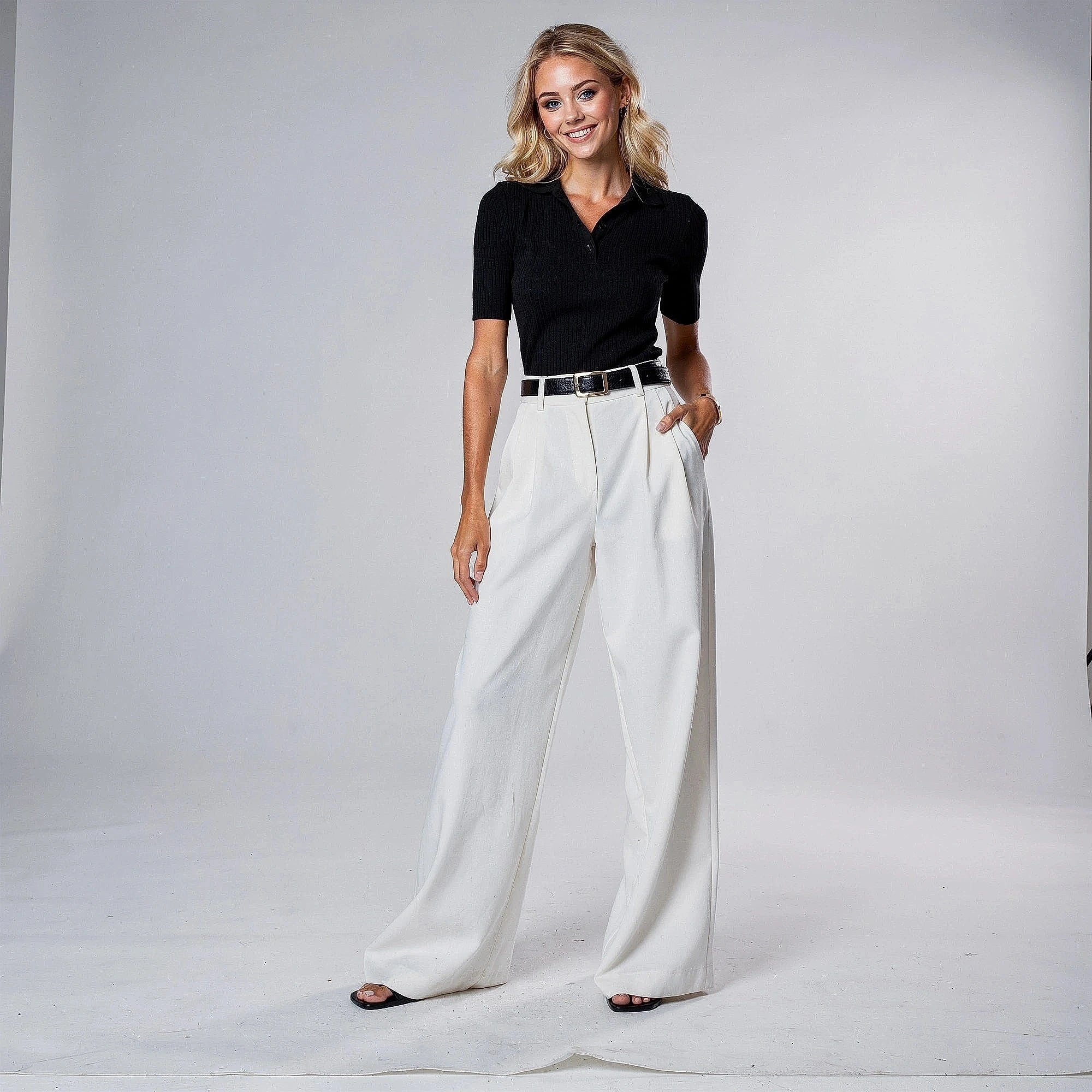 View of elegant high waisted wide leg pants in soft fabric, featuring a classic silhouette and a neutral color