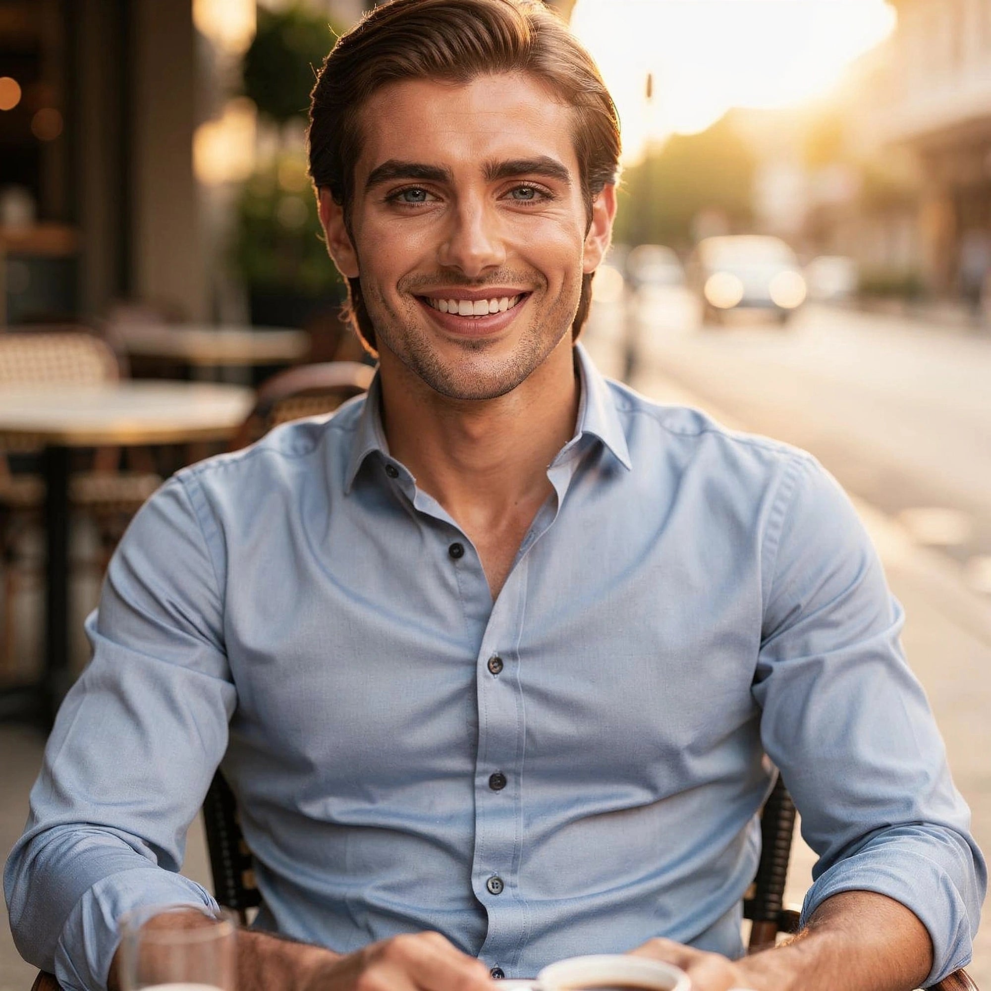 View of a tailored modern everyday shirt in light blue, featuring a crisp collar and subtle texture