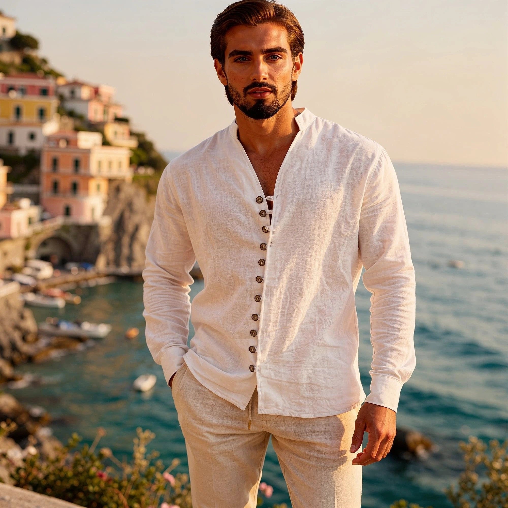 View of a lightweight cotton linen beach shirt in light blue, featuring a slim fit and stand collar