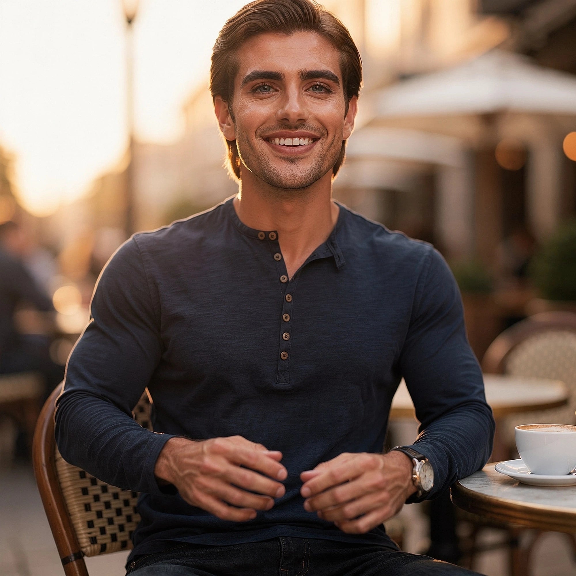 View of a comfortable casual long sleeve henley shirt in soft cotton, featuring a buttoned neckline and a relaxed fit