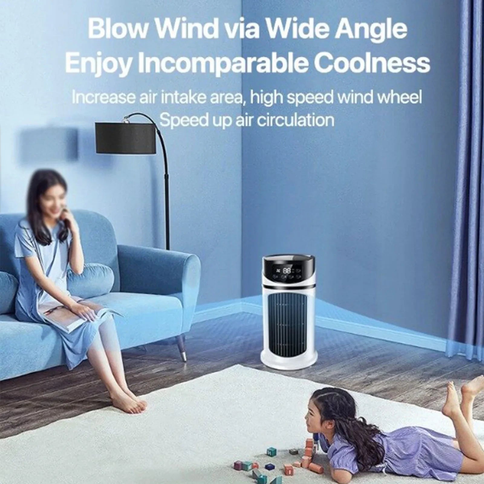 View highlighting the sleek design, control panel, and ventilation grille of a portable air conditioning unit
