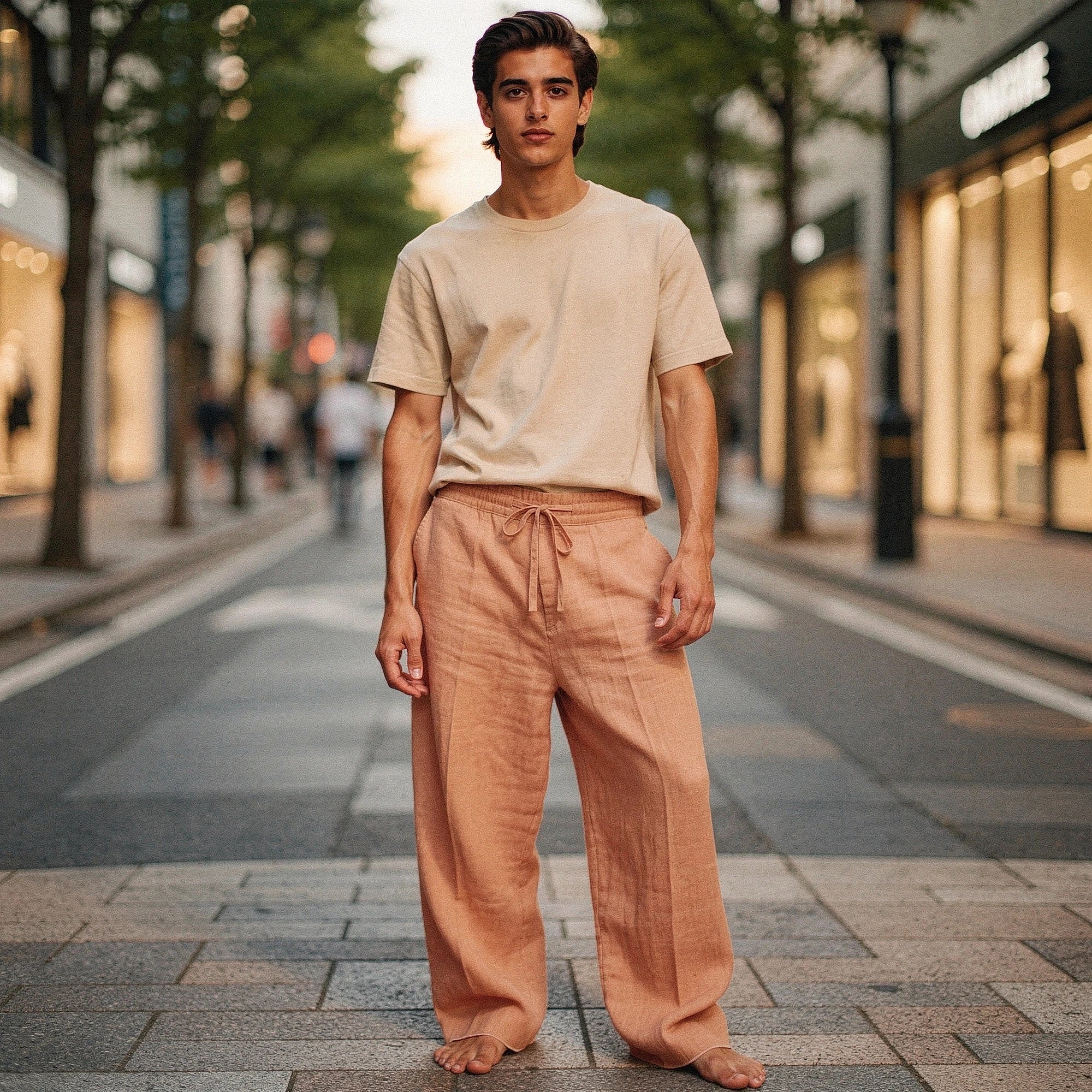 Lightweight casual trousers in a soft beige fabric, featuring a relaxed fit and pockets, view