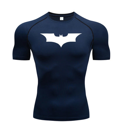 View of a black men's athletic compression running tee, featuring a lightweight, stretchy fabric and short sleeves
