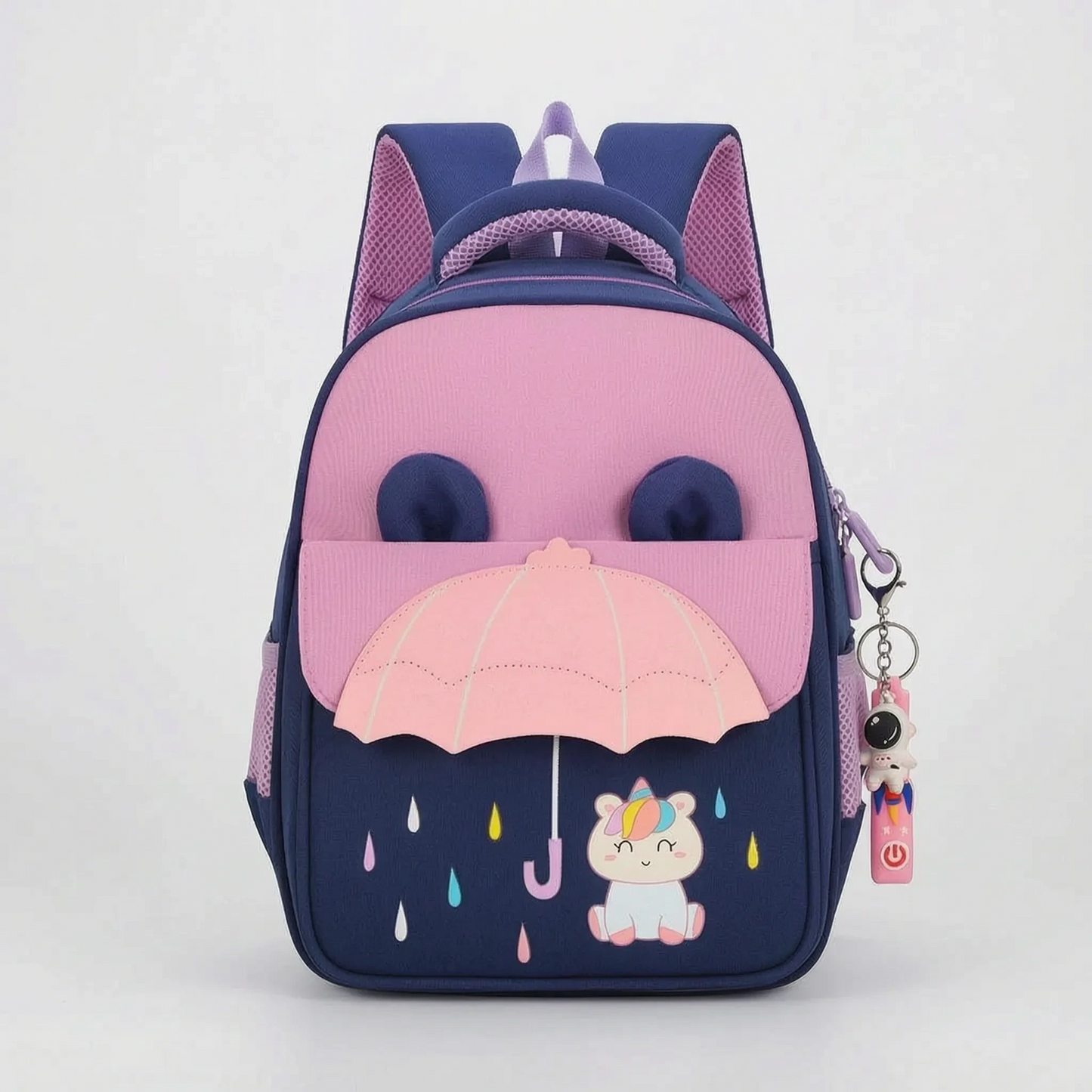 Colorful cartoon print kids backpack featuring adjustable straps, pockets, and a cheerful design, detailed view