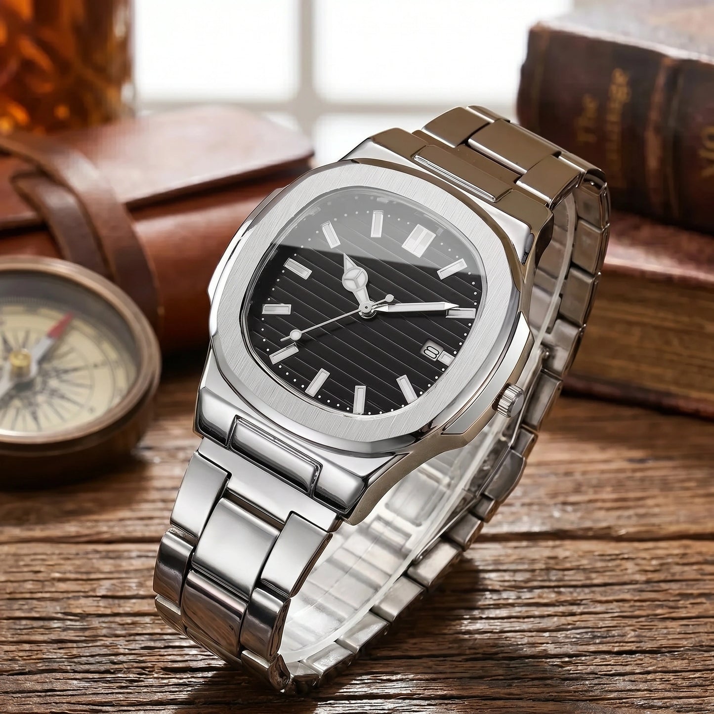 A model showcases a mens square steel band watch, paired with a smart casual outfit showing neutral colors against a minimalist background.