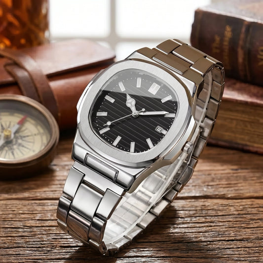 A model showcases a mens square steel band watch, paired with a smart casual outfit showing neutral colors against a minimalist background.