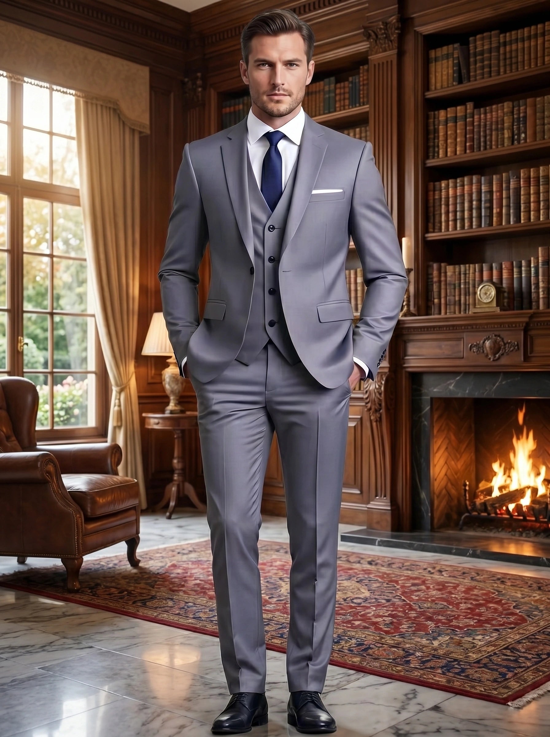 Back view of a model showing the men's tailored winter suit in a sophisticated dark navy, showing the meticulous construction and refined silhouette against a neutral background.