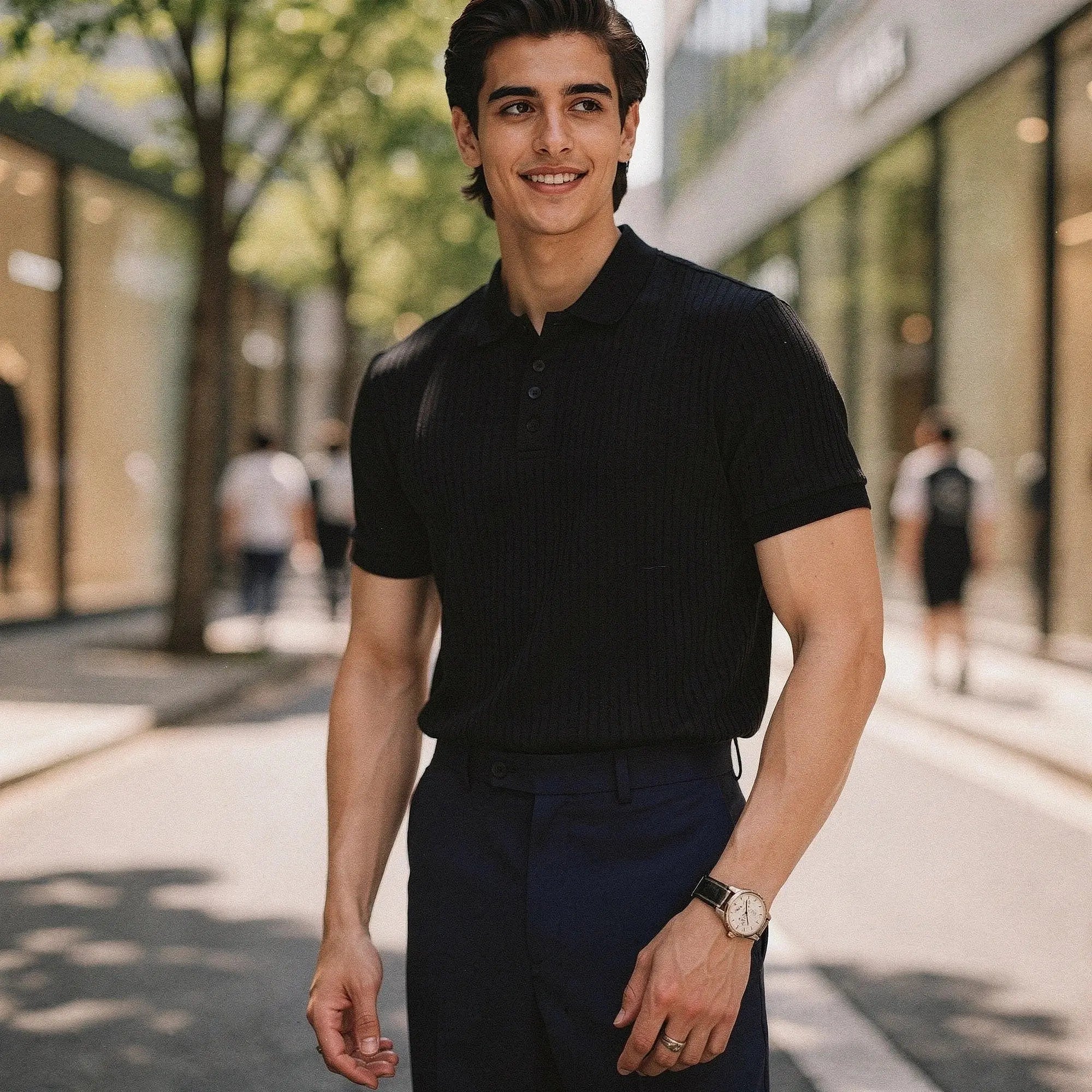 View of a slim fit short sleeve polo t shirt in light blue, made of breathable cotton, showcasing a classic collar and subtle stitching