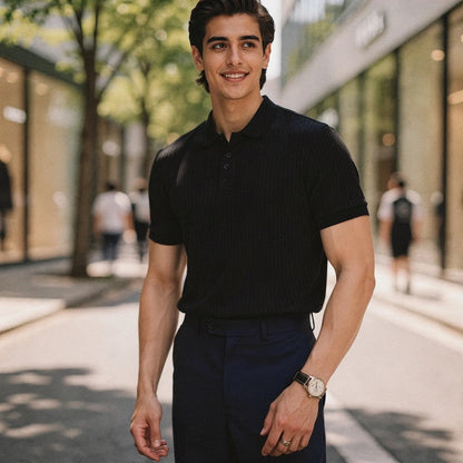 View of a slim fit short sleeve polo t shirt in light blue, made of breathable cotton, showcasing a classic collar and subtle stitching