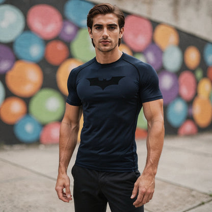 View of a fitted men's athletic compression running tee in black, featuring short sleeves and moisture wicking fabric