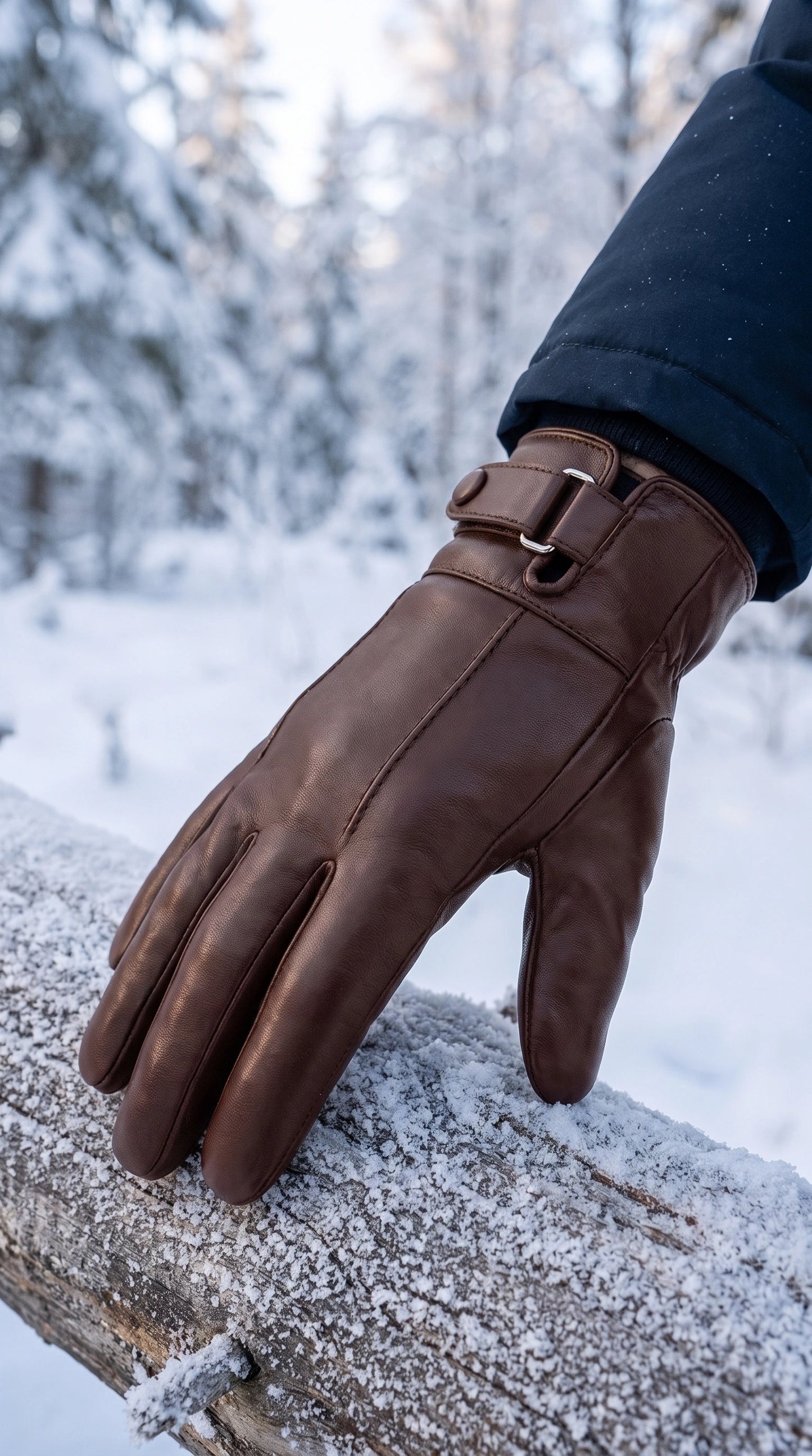 Close up view of the men's sleek warm winter gloves showing the premium fabric, precise stitching, and design ideal for outdoor activities.
