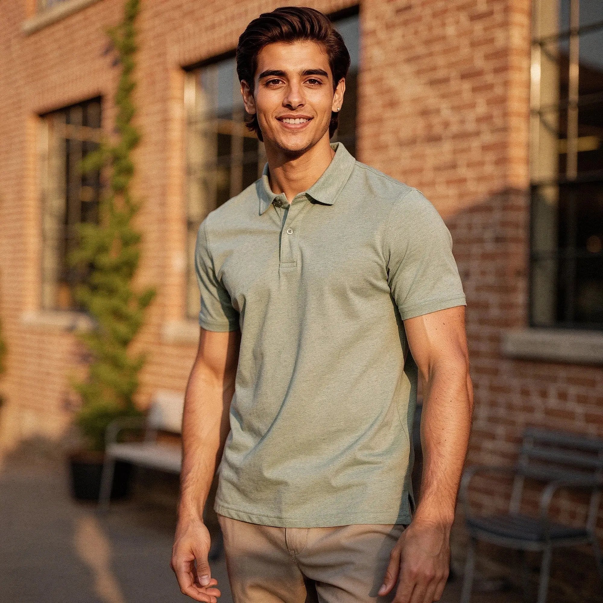 View of a navy blue slim fit polo shirt featuring a crew neck and short sleeves, made