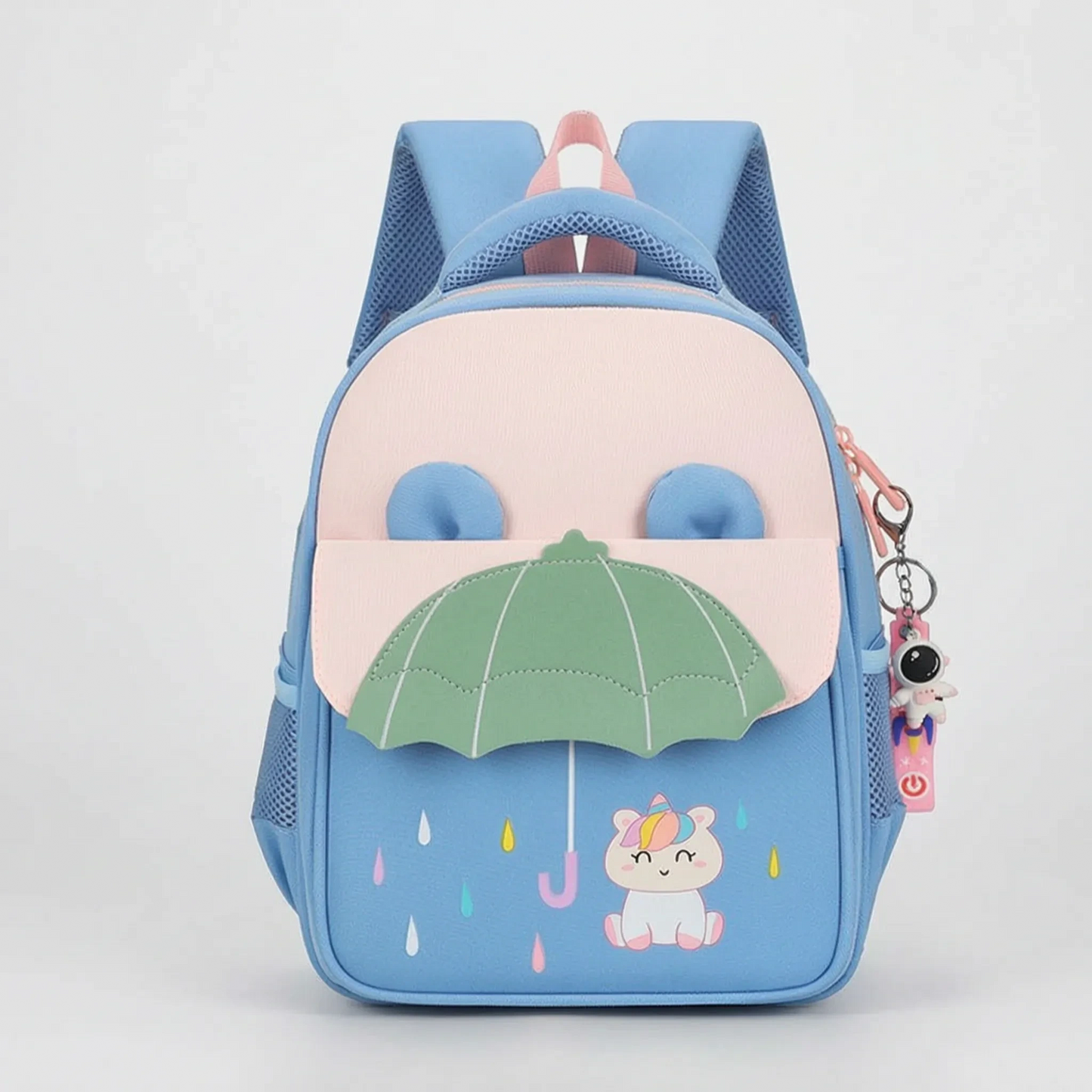 Cheerful lightweight kids backpack featuring a colorful cartoon print, detailed view showcasing adjustable straps and zipper pocket
