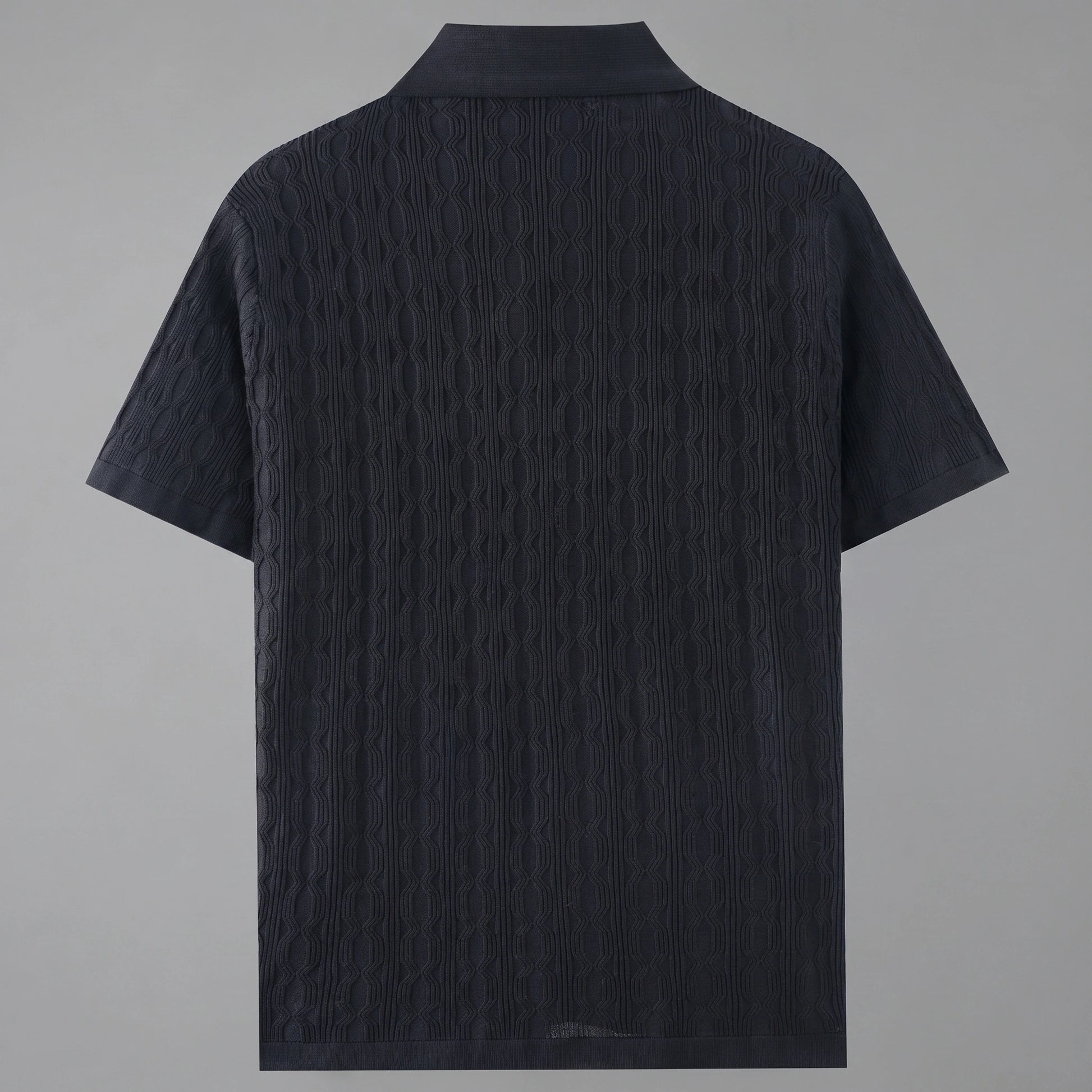 Close up view of the mens textured lightweight casual shirt showing the intricate fabric weave and precise stitching details against a neutral background.