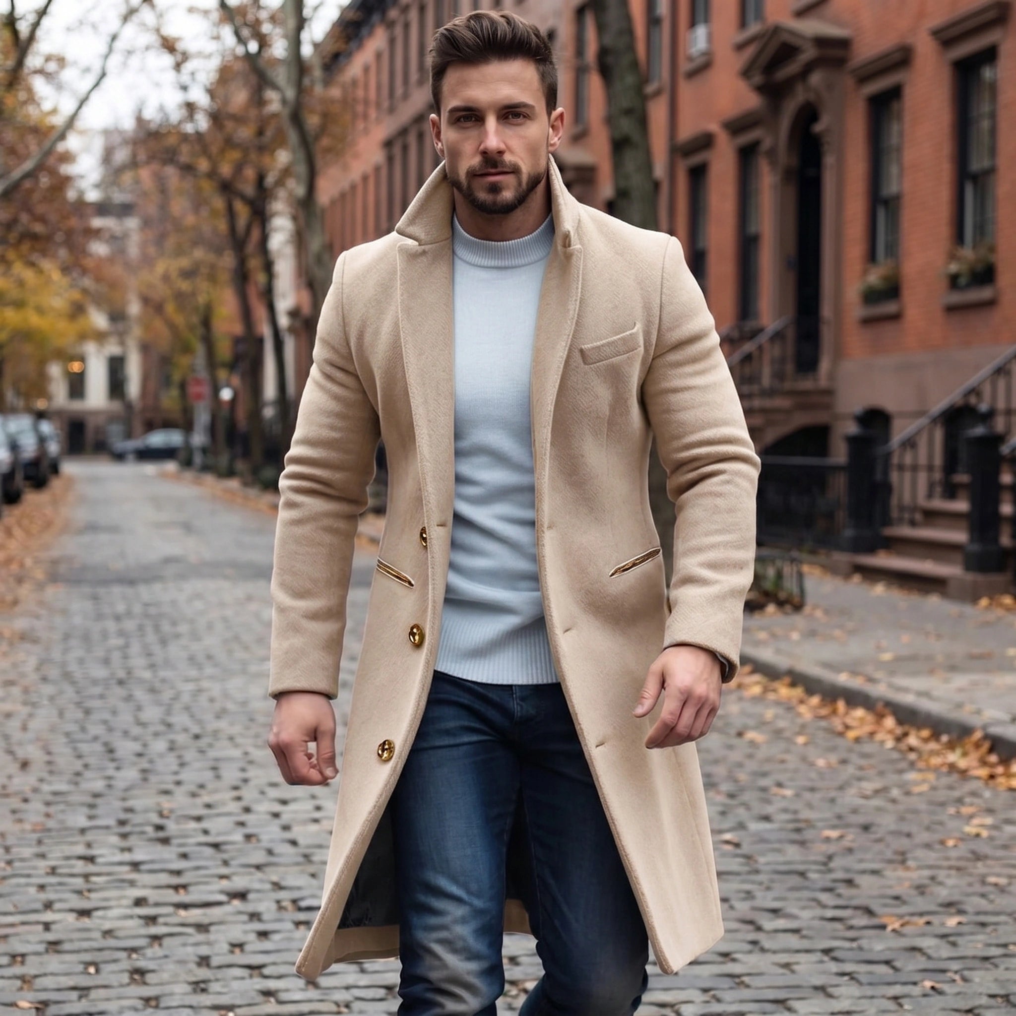 Close up view of the Men's Tailored Wool Blend Pea Coat showing the rich fabric texture, precise stitching, and lapel design against a neutral background.