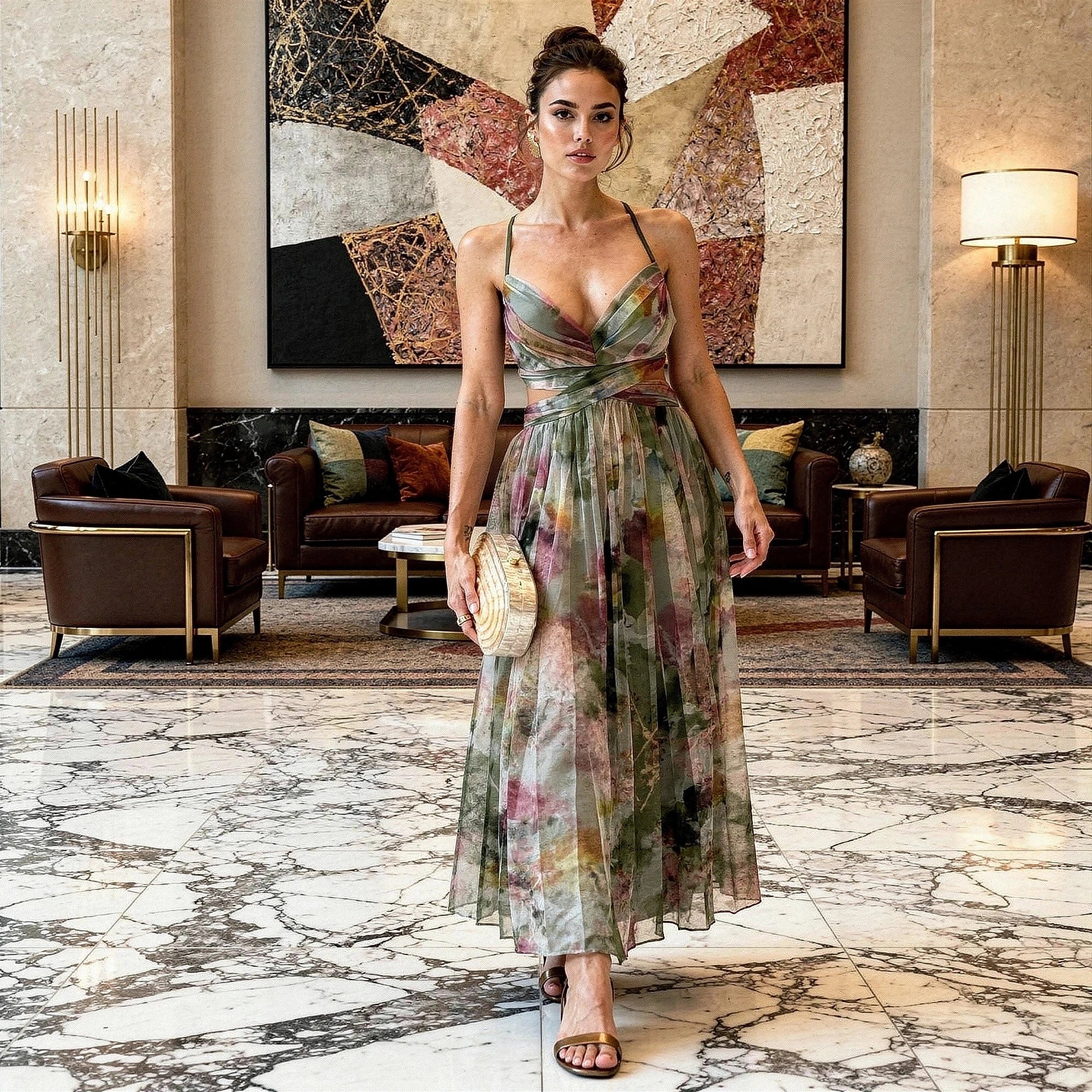 View of a relaxed floral maxi dress featuring adjustable straps, soft fabric, and vibrant multicolored floral patterns
