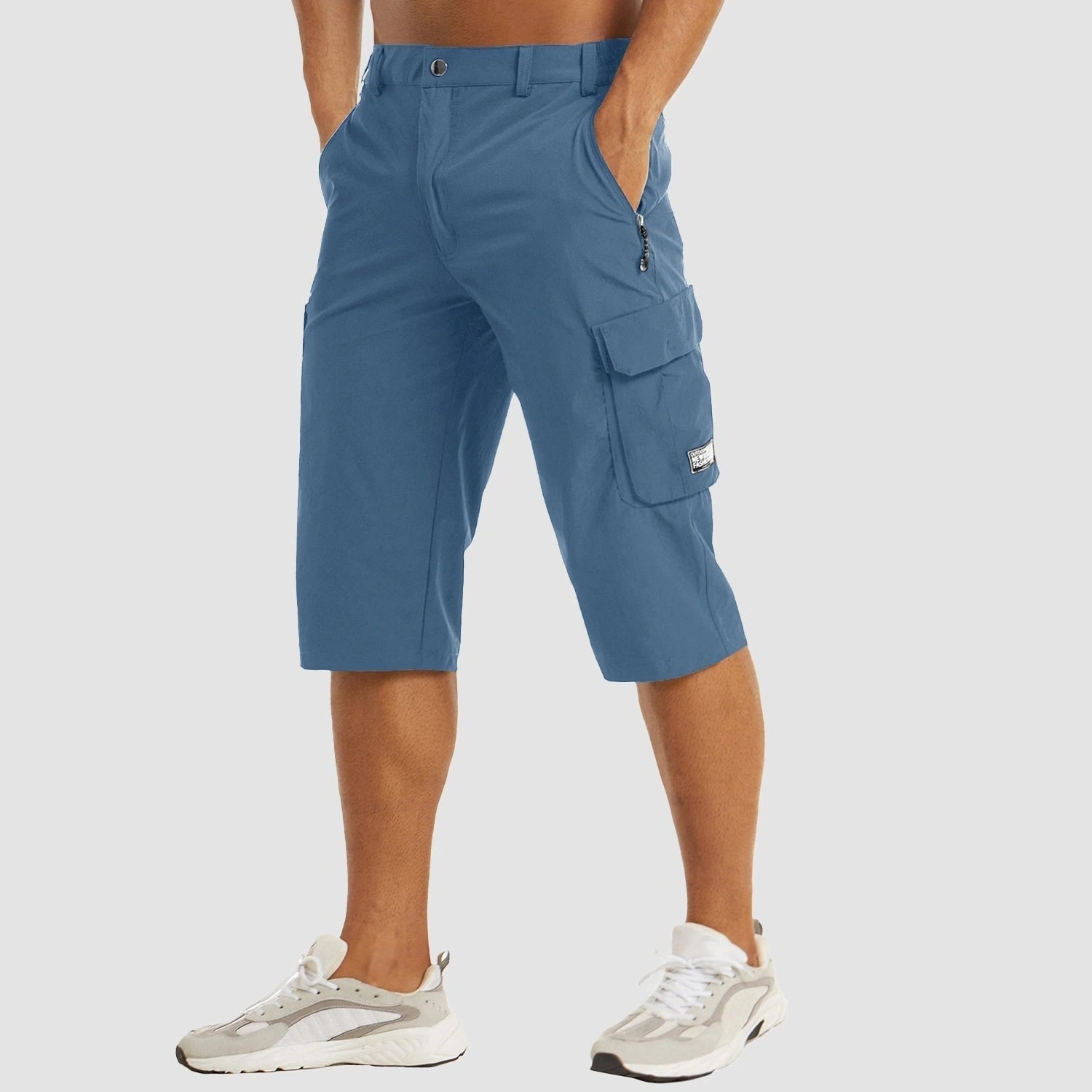 View of structured summer cargo shorts in khaki, featuring multiple pockets and a lightweight fabric for comfort