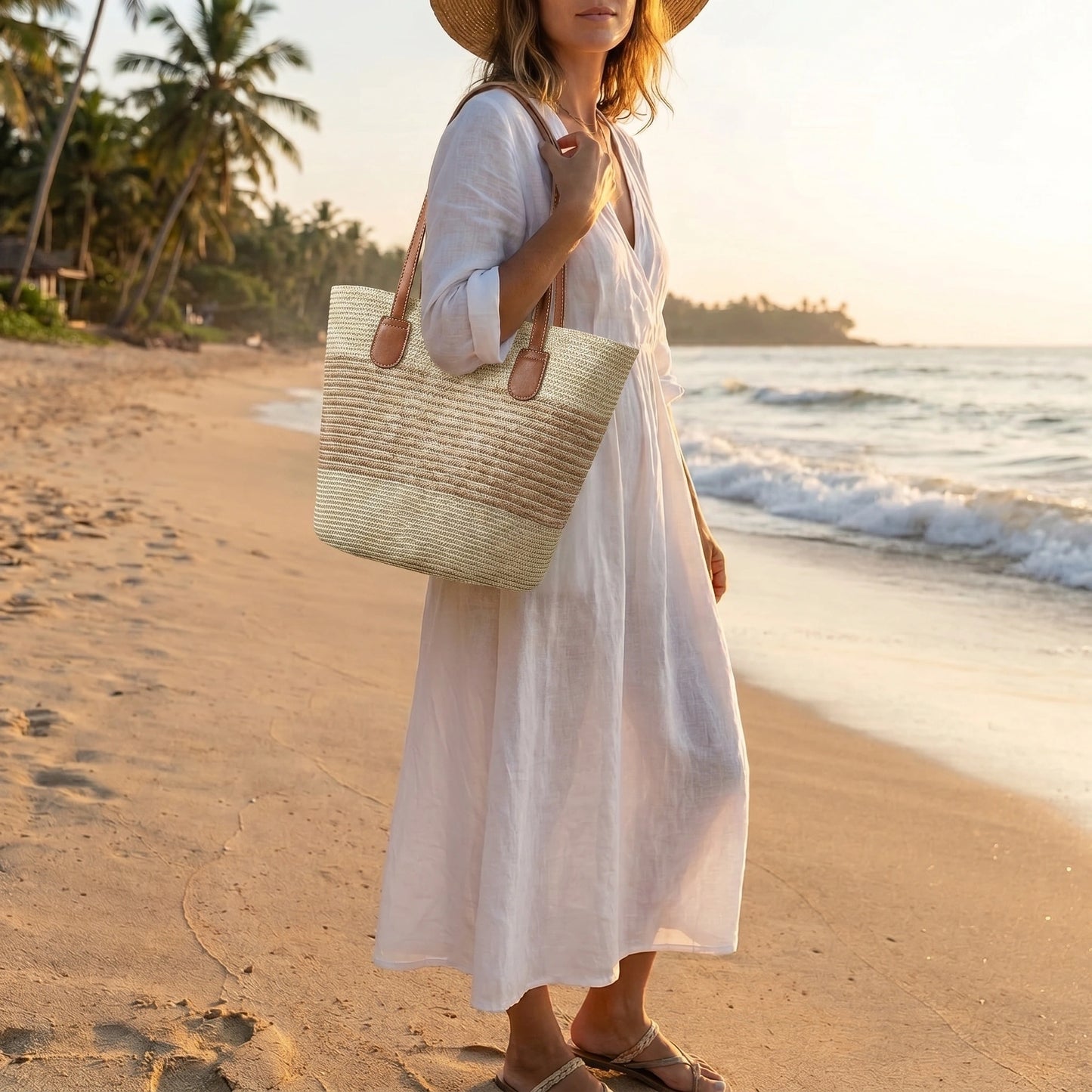 A model showcases a Womens Spacious Summer Shoulder Bag in a vibrant beach setting, paired with a light, flowy sundress and sandals.