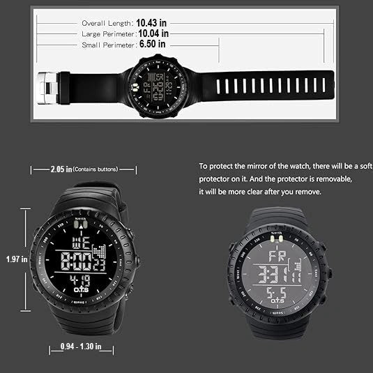 View of a rugged digital watch featuring a black waterproof case, large display, and adjustable rubber strap