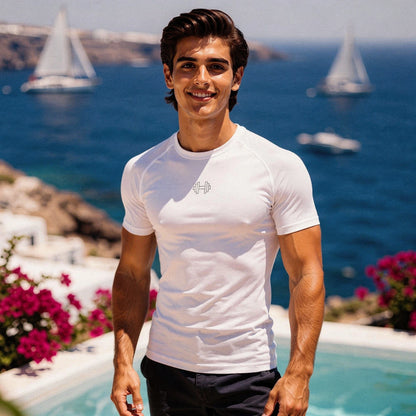 Gray athletic gym tee featuring reflective elastic details, short sleeves, and a view of the fabric texture