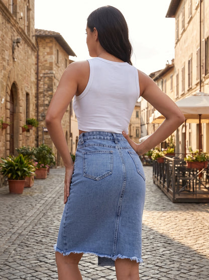 Close up of the Womens Sleek Modern Summer Midi Skirt showing the high waisted design, front slit , and smooth fabric texture against a neutral background.