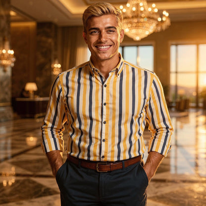 Relaxed fit cotton shirt featuring horizontal stripes in soft pastel colors, view highlighting the fabric texture