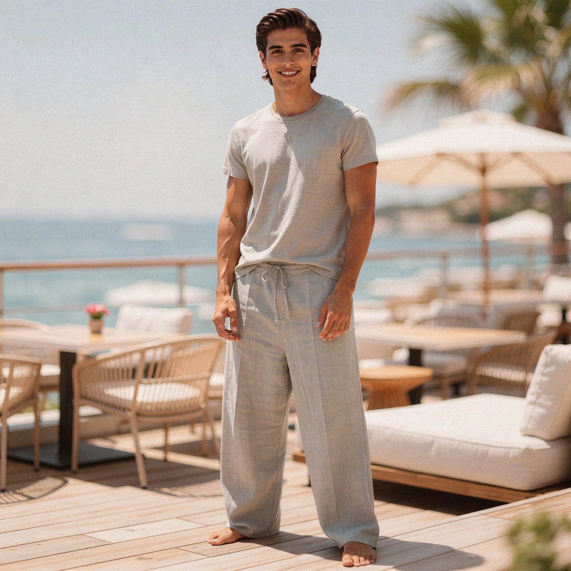 Lightweight casual trousers in a relaxed fit, featuring a soft fabric, pockets, and a neutral beige color, detailed view