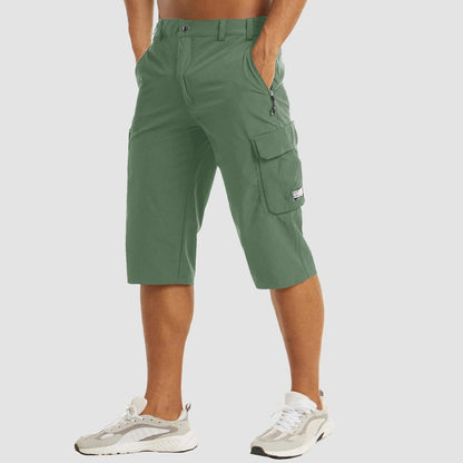 View of men's structured summer cargo shorts in light khaki, featuring multiple pockets and a relaxed fit